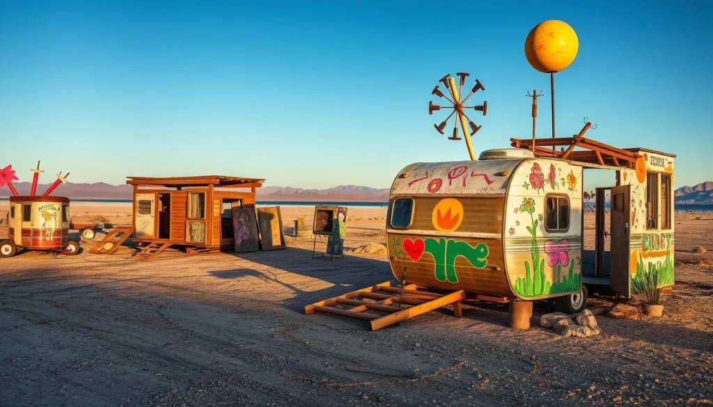 Art installations at Bombay Beach ruins with abandoned structures Art installations at Bombay Beach ruins with abandoned structures