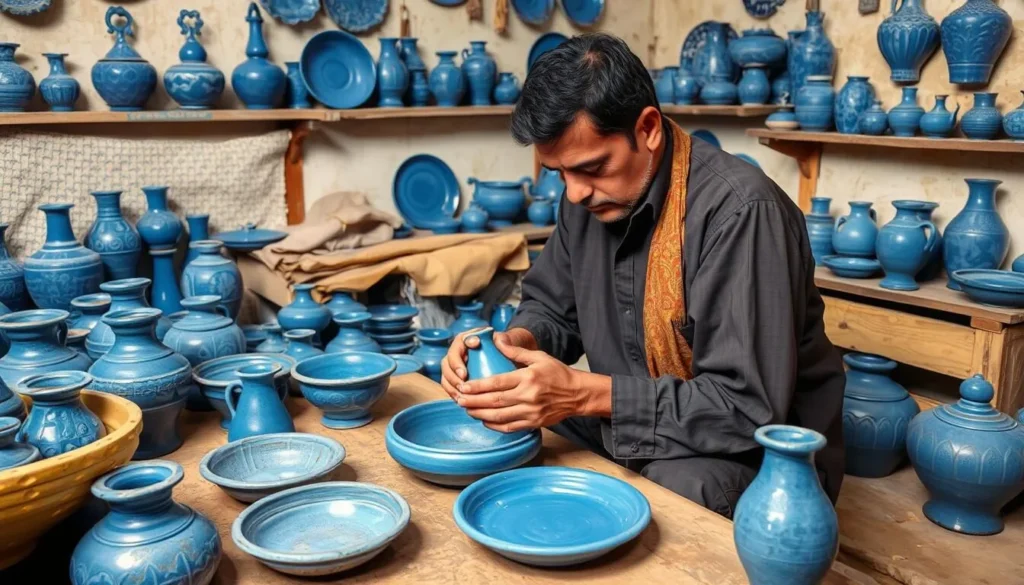 Artisan crafting traditional blue pottery in a Multan workshop with finished pieces on display Artisan crafting traditional blue pottery in a Multan workshop with finished pieces on display