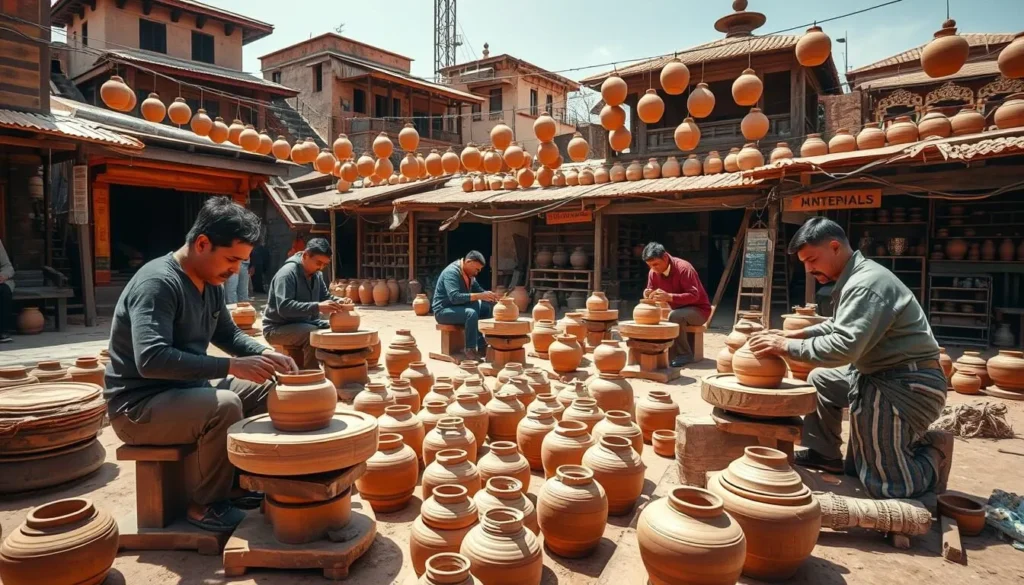 Artisans working on traditional pottery in Pottery Square with clay pots drying in the sun