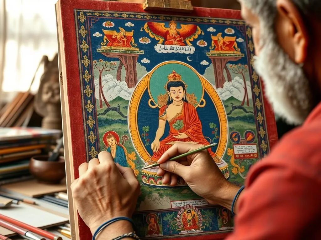 Artist creating detailed Thangka painting with intricate Buddhist imagery and vibrant colors