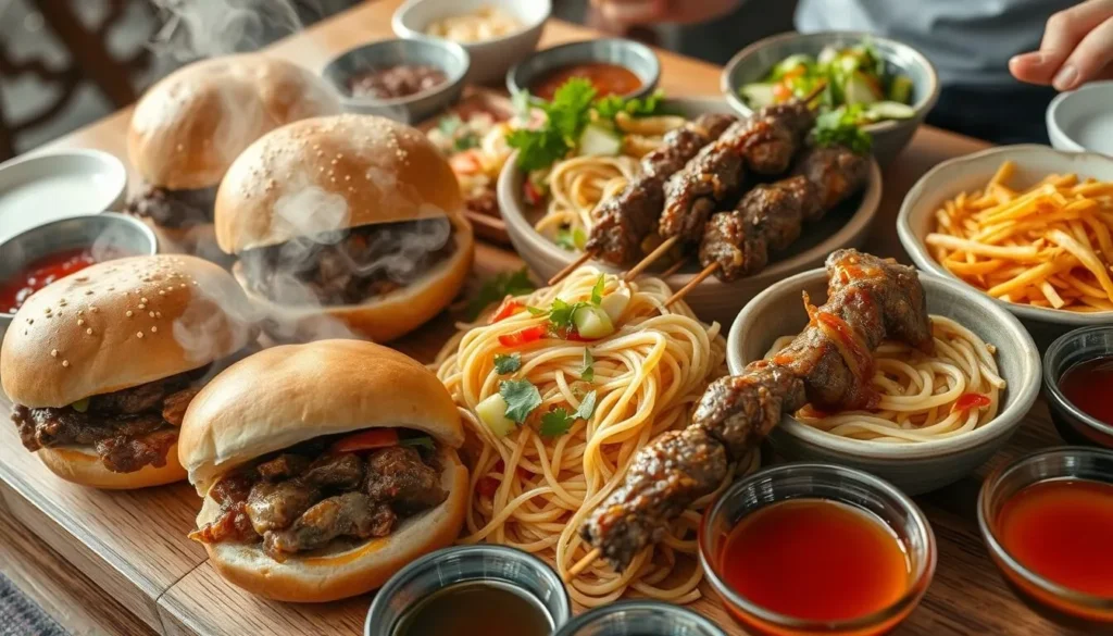 Assortment of Xi'An's famous street foods including Roujiamo and Biang Biang noodles