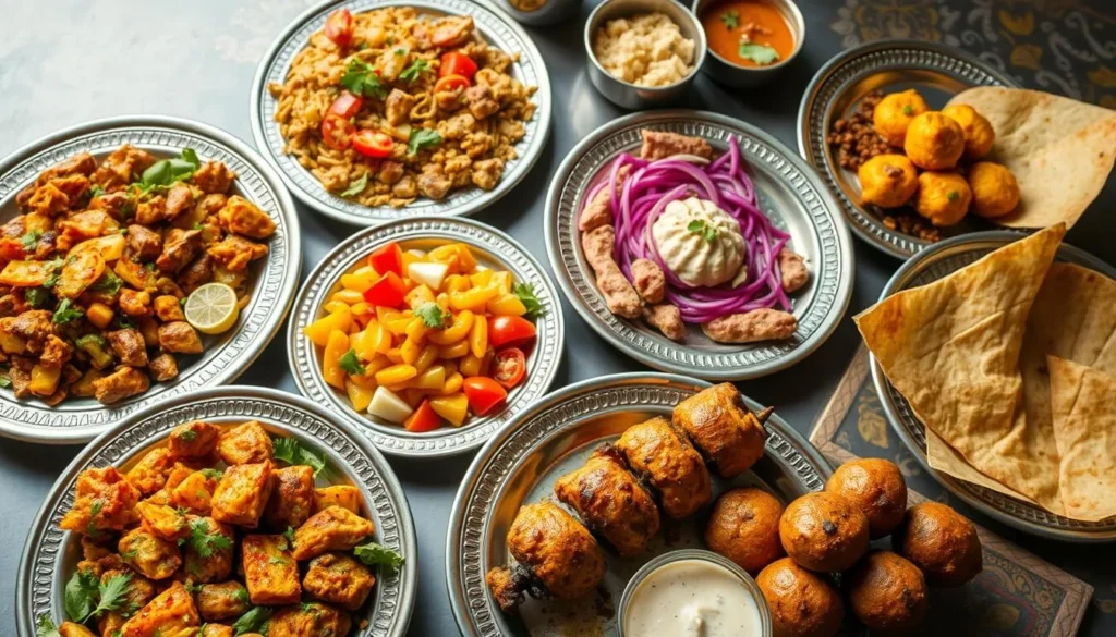 Assortment of colorful Delhi street food dishes including chaat, kebabs, and sweets Assortment of colorful Delhi street food dishes including chaat, kebabs, and sweets
