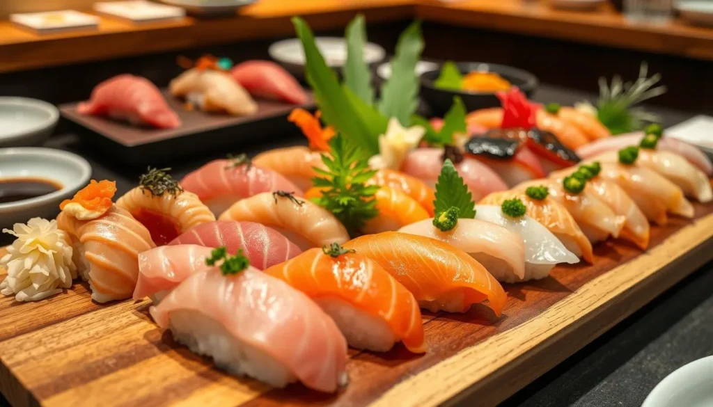 Assortment of fresh sushi at a Tokyo restaurant, a culinary highlight when exploring the best things to do in Tokyo Japan Assortment of fresh sushi at a Tokyo restaurant, a culinary highlight when exploring the best things to do in Tokyo Japan