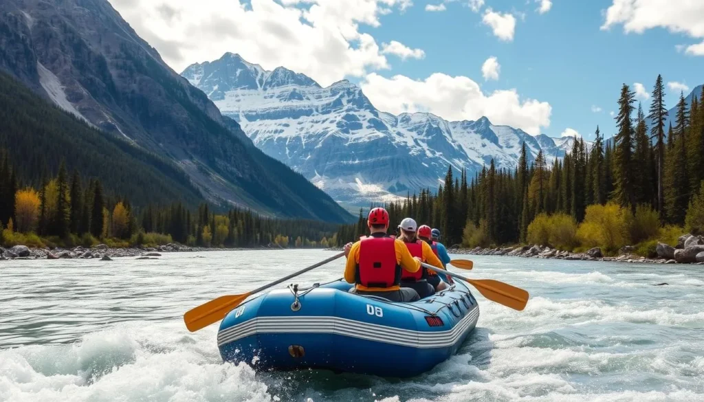Athabasca River rafting tour with rapids and mountainous landscape