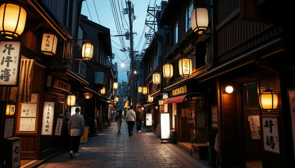 Atmospheric stone-paved Hozenji Yokocho alley at dusk with traditional lanterns illuminating traditional restaurants
