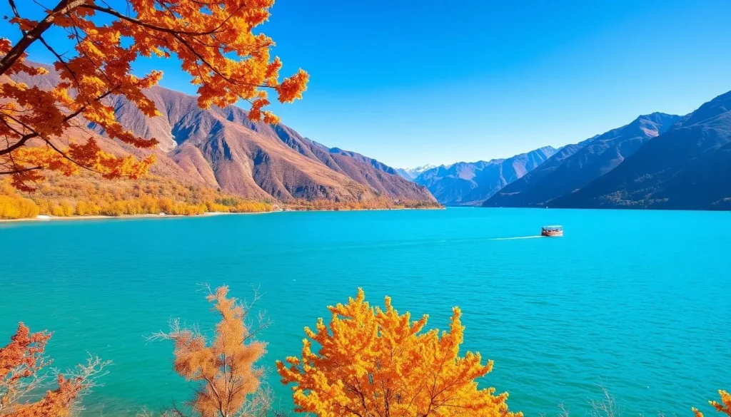 Attabad Lake in autumn with colorful foliage on surrounding mountains