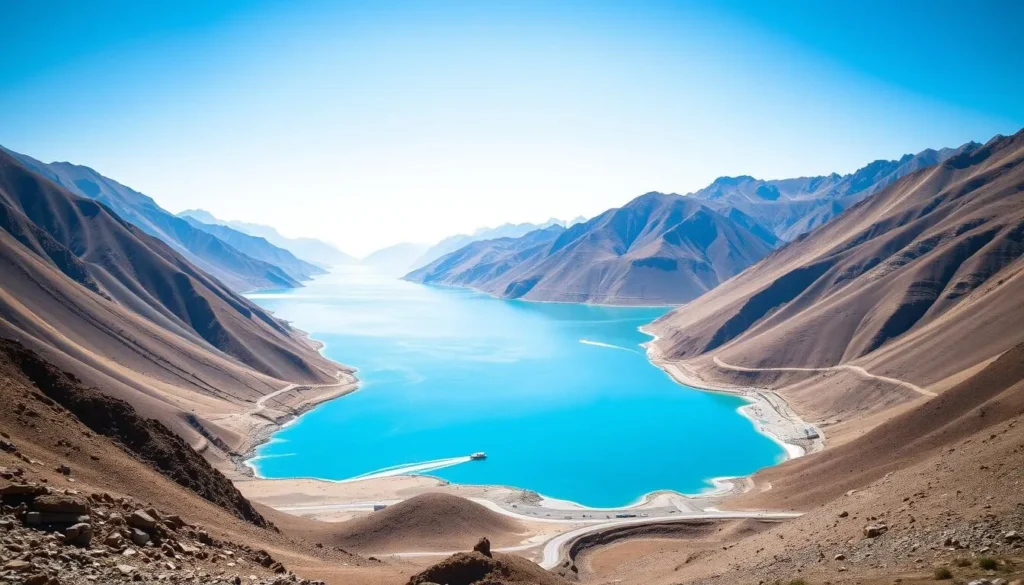 Attabad Lake's turquoise waters surrounded by mountains along the Karakoram Highway