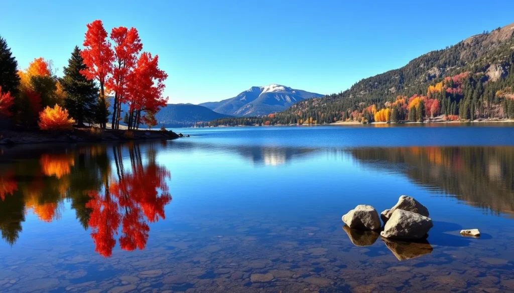 Autumn at Big Bear Lake with colorful fall foliage reflecting in the water Autumn at Big Bear Lake with colorful fall foliage reflecting in the water
