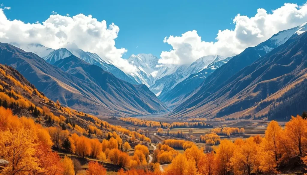 Autumn colors in Hunza Valley, Gilgit-Baltistan with golden foliage against snow-capped mountains Autumn colors in Hunza Valley, Gilgit-Baltistan with golden foliage against snow-capped mountains