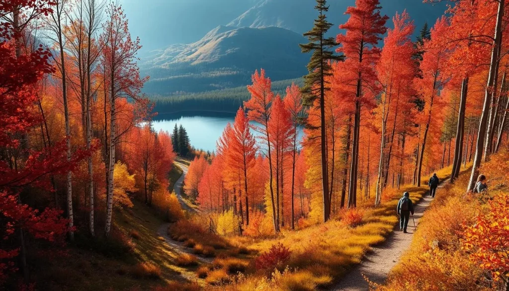 Autumn foliage in Kjolen National Park, Norway. Vibrant crimson and golden hues of birch, maple, and aspen trees lining a winding hiking trail. Soft, diffused sunlight filters through the canopy, casting a warm glow on the lush, carpeted forest floor. In the distance, a crystalline lake reflects the changing colors of the surrounding landscape. Hikers explore the trail, appreciating the serene natural beauty of this spectacular seasonal display. Medium-wide angle lens captures the grand scale and intimate details of this picturesque autumnal scene.