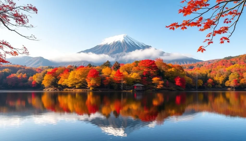Autumn foliage surrounding Lake Chuzenji in Nikko National Park with vibrant red and orange colors