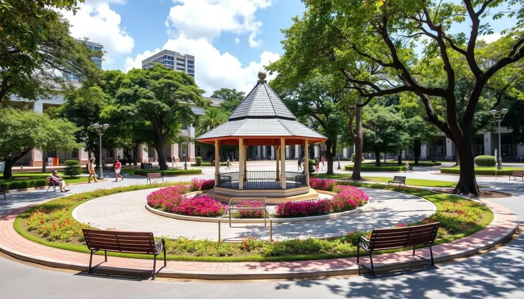 Bacolod Public Plaza with gazebo, landscaped gardens and locals relaxing