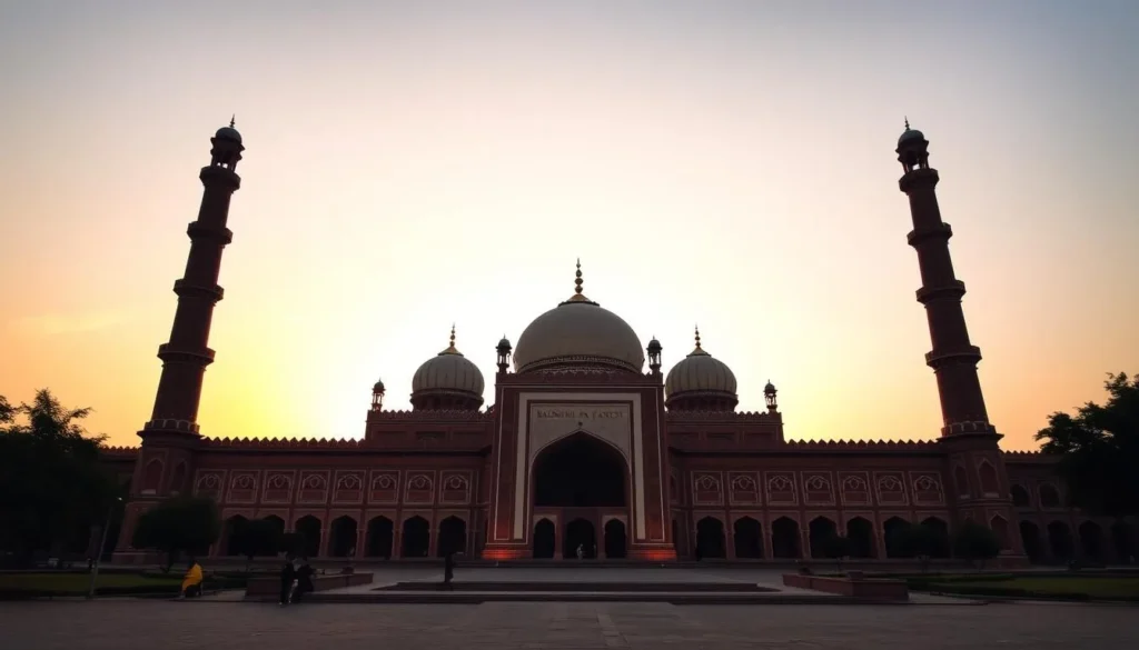 Badshahi Mosque in Lahore at sunset with golden light illuminating the red sandstone