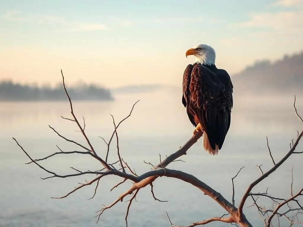 Bald eagle perched on branch overlooking Reelfoot Lake in winter
