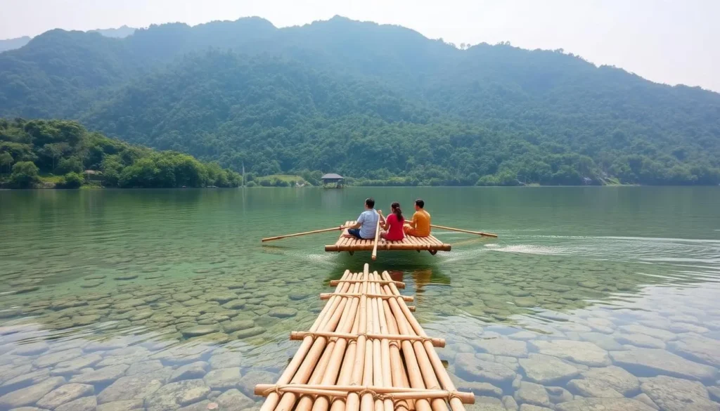 Bamboo rafting adventure in the clear waters of Bandarban with forested hills in the background