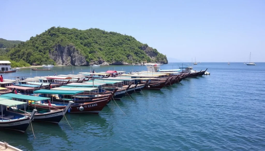 Bancogon Port in Oslob with boats waiting to take tourists to Sumilon Island Bancogon Port in Oslob with boats waiting to take tourists to Sumilon Island