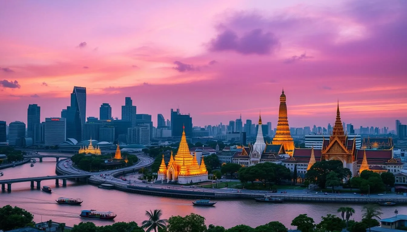 Bangkok skyline at sunset with the Chao Phraya River and illuminated temples