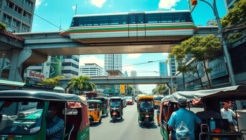 Bangkok's BTS Skytrain passing through the city with tuk-tuks and street vendors below