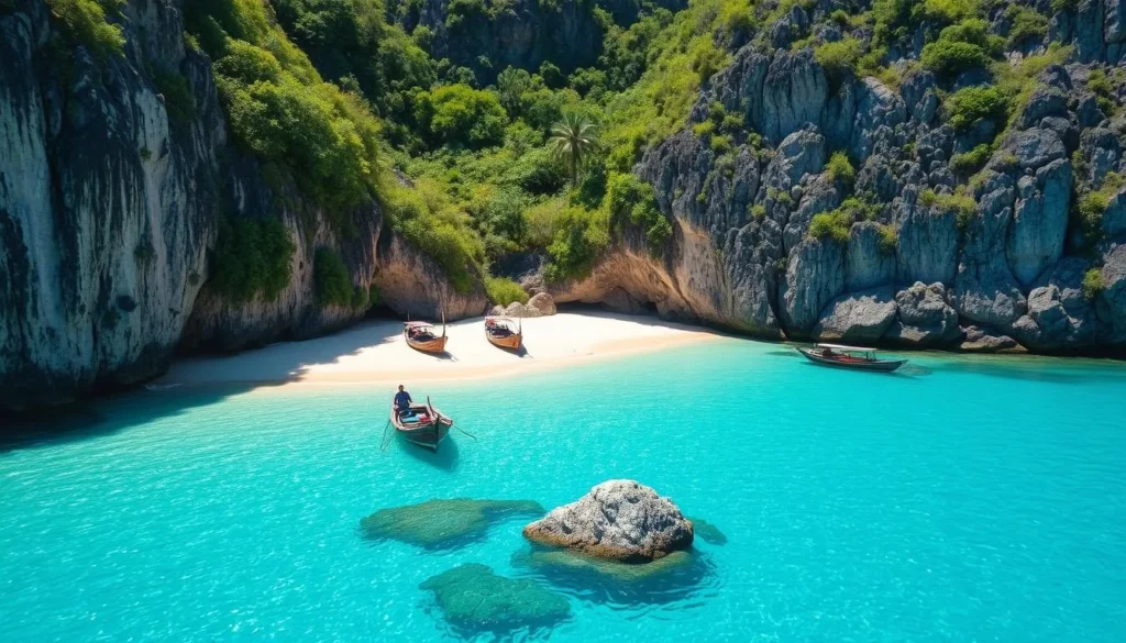 Banul Beach on Coron Island with its small cove, white sand, and limestone backdrop