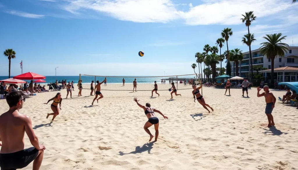 Beach volleyball game in progress on Hermosa Beach with players in action