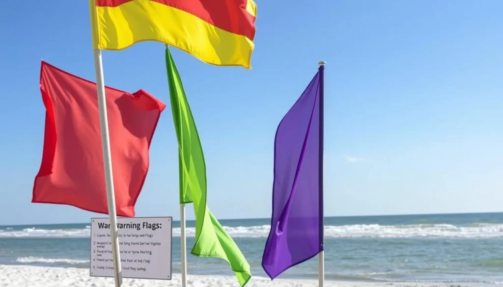 Beach warning flags system in Florida explaining different safety conditions Beach warning flags system in Florida explaining different safety conditions