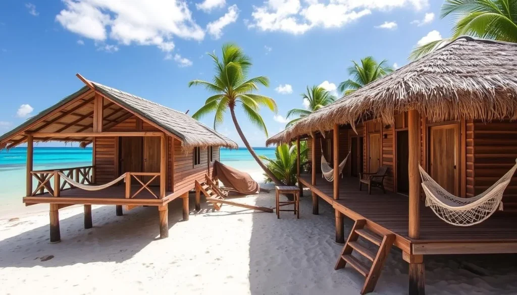 Beachfront accommodations on Apo Island with traditional Filipino cottages overlooking the sea Beachfront accommodations on Apo Island with traditional Filipino cottages overlooking the sea