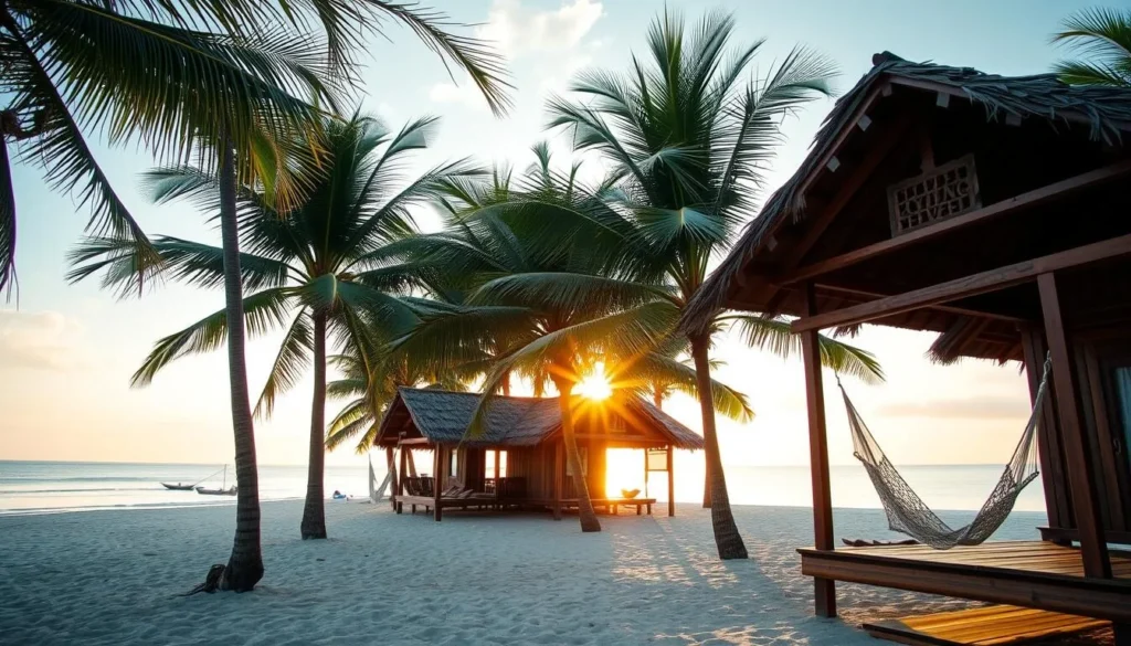 Beachfront bungalows with hammocks at a resort in San Juan, Siquijor with palm trees and sunset view