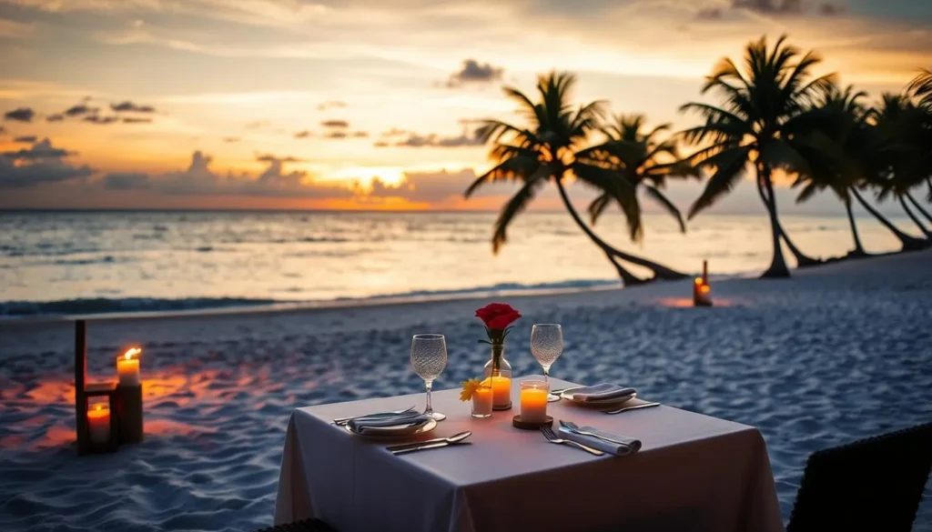 Beachfront dining setup at sunset on Pamalican Island Beachfront dining setup at sunset on Pamalican Island