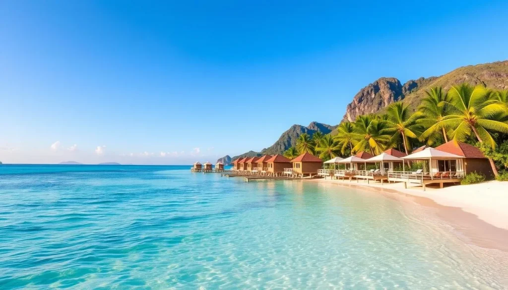 Beachfront resort in El Nido with overwater bungalows, representing accommodation options for visitors exploring the best things to do in El Nido, Philippines Beachfront resort in El Nido with overwater bungalows, representing accommodation options for visitors exploring the best things to do in El Nido, Philippines