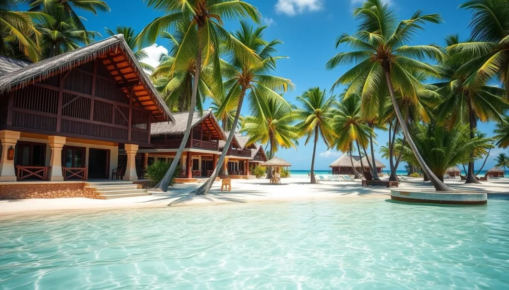 Beachfront resort view on Poro Island with traditional Filipino architecture