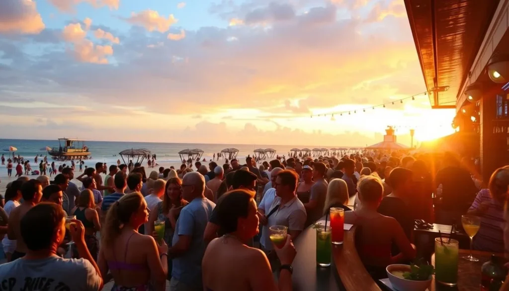Beachside bar with a lively atmosphere and patrons enjoying cocktails