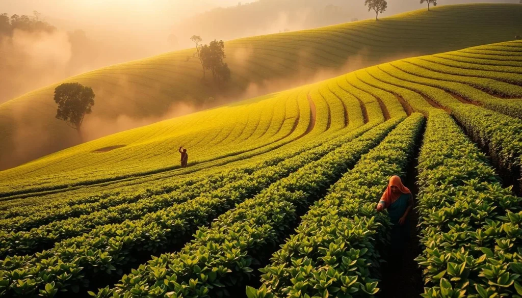 Belgaum Tea Garden with rows of tea plants on rolling hills