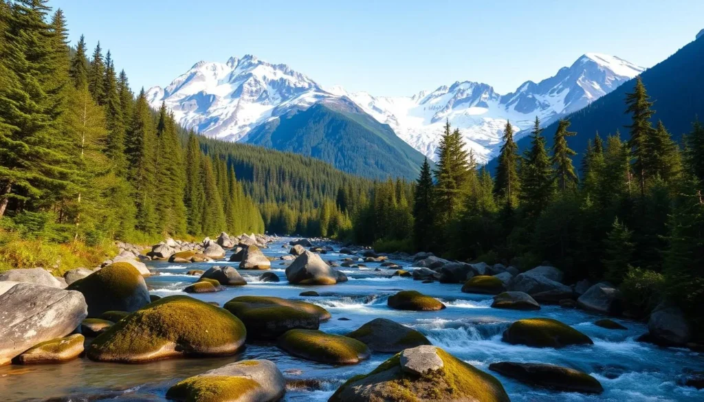Bella Coola Valley: a lush tapestry of towering glaciers, verdant rainforests, and meandering rivers. In the foreground, a crystalline stream cascades over moss-covered boulders, its waters reflecting the sun-dappled foliage. The middle ground unveils a dense, primeval forest, its canopy pierced by the majestic peaks of the Coast Mountains, their snow-capped summits glowing in the warm light. Hazy blue-grey glaciers cling to the distant slopes, a testament to the power of nature's forces. The overall scene exudes a sense of tranquility and wonder, inviting the viewer to immerse themselves in the breathtaking, untamed beauty of this remote, enchanting valley.
