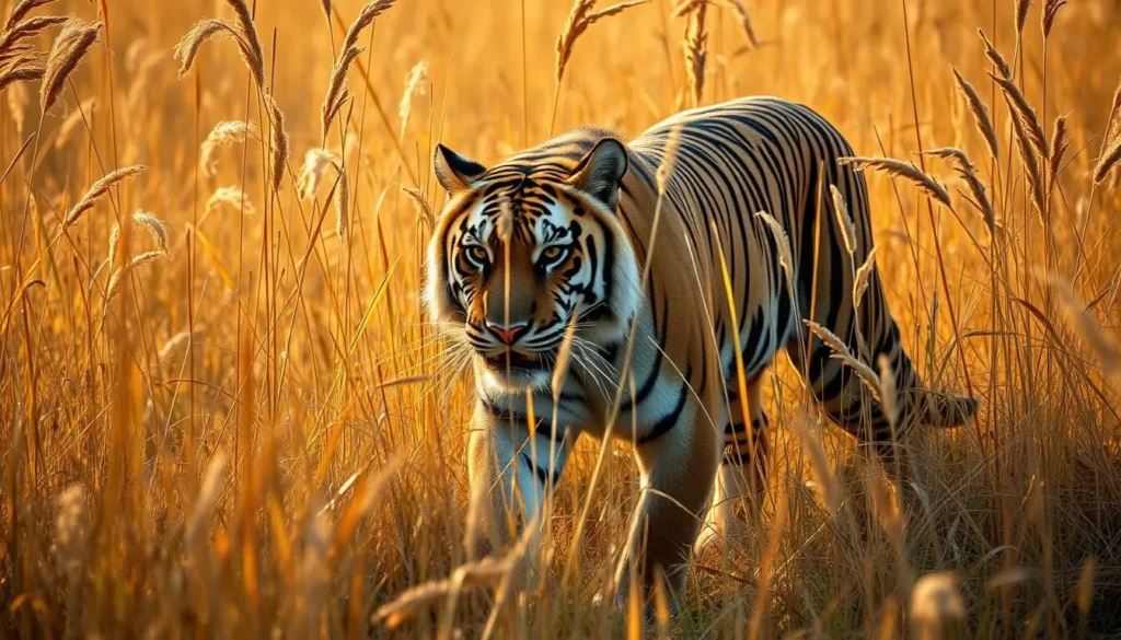 Bengal tiger walking through grassland in Chitwan National Park