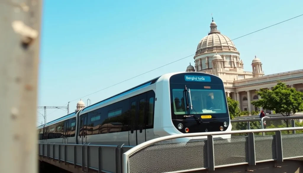Bengaluru Metro train passing through the city with Vidhana Soudha visible in background Bengaluru Metro train passing through the city with Vidhana Soudha visible in background