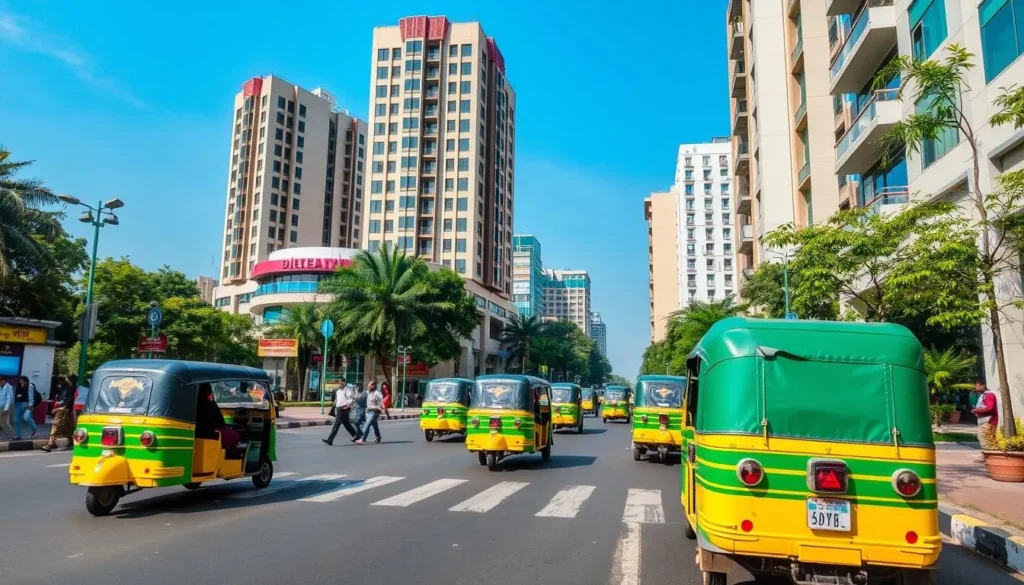 Bengaluru street scene showing auto-rickshaws, pedestrians and modern buildings Bengaluru street scene showing auto-rickshaws, pedestrians and modern buildings