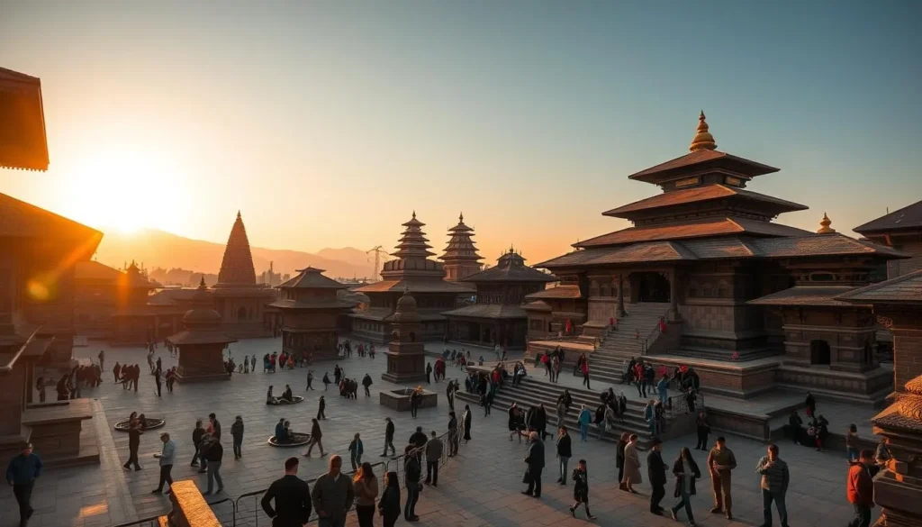Bhaktapur Durbar Square with the 55-Window Palace and ancient temples during golden hour