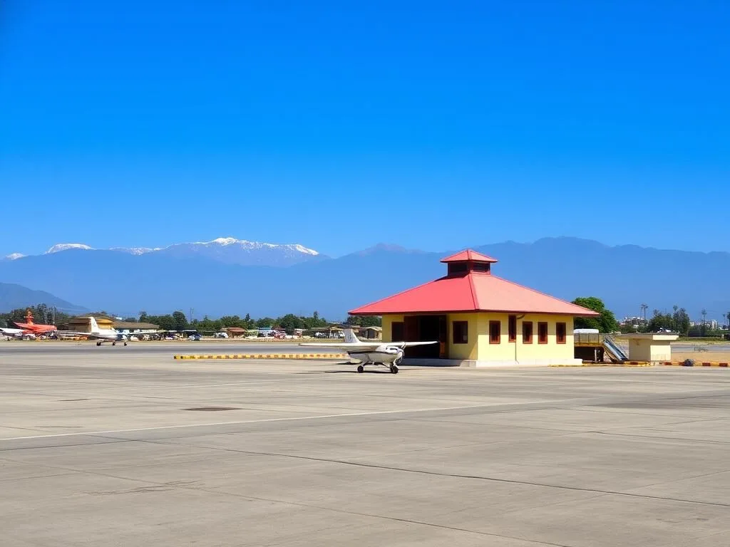 Bharatpur Airport with small aircraft and mountains in background
