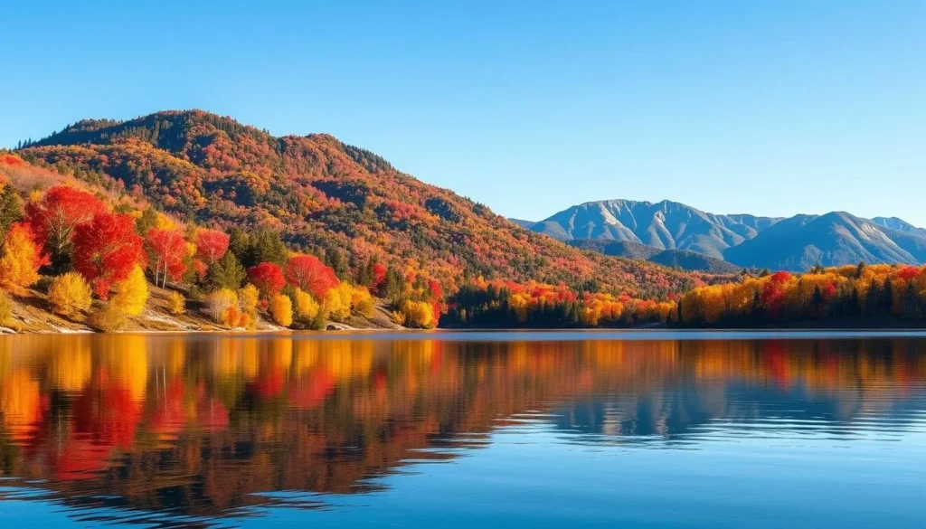 Big Bear Lake in autumn with colorful fall foliage reflecting in the water