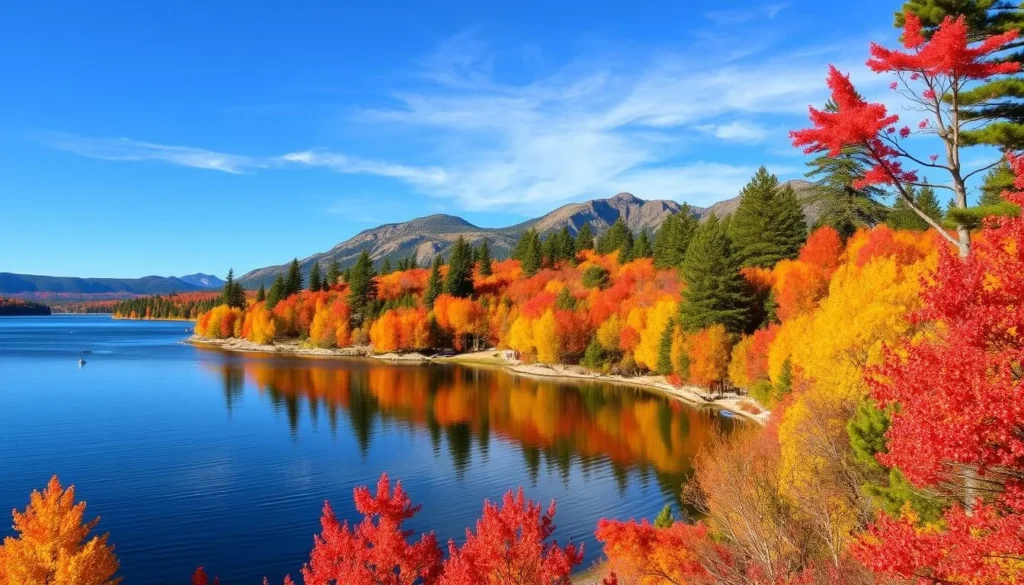 Big Bear Lake in autumn with colorful fall foliage surrounding the lake, showcasing seasonal Big Bear California things to do
