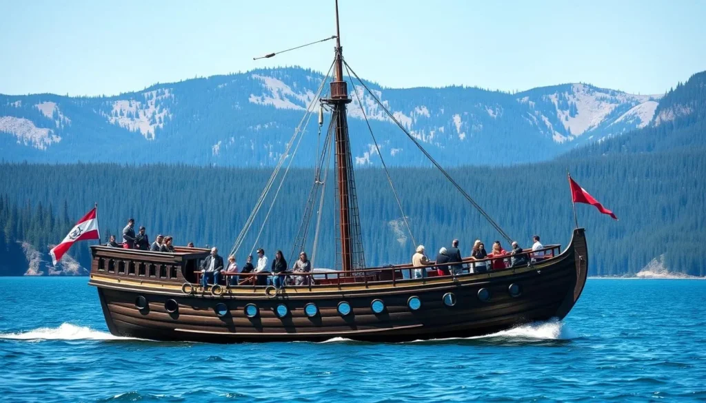 Big Bear Pirate Ship cruise on the lake with mountains in background