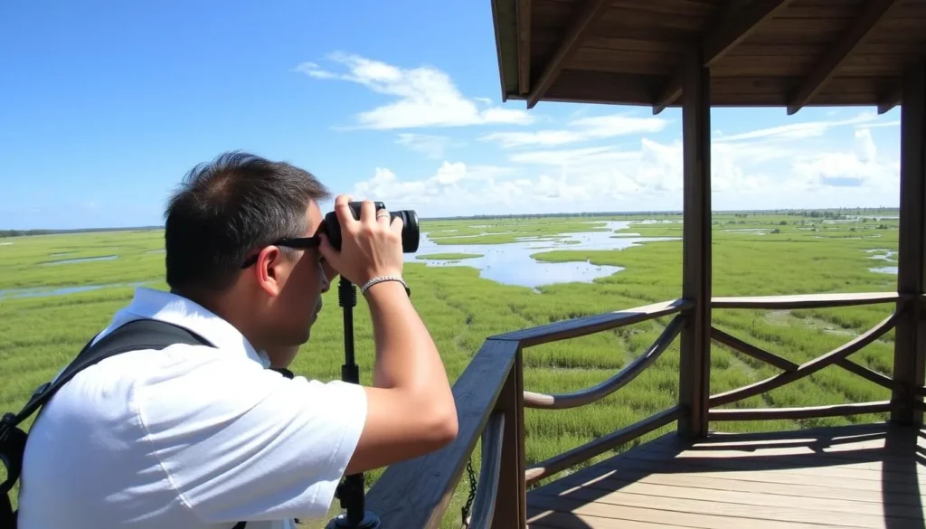 Birdwatcher with telescope observing birds at Olango Island Wildlife Sanctuary, Philippines