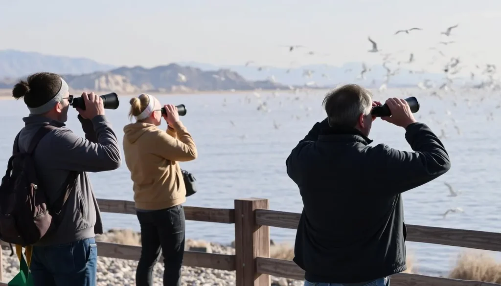 Birdwatchers observing migratory birds at Mono Lake Birdwatchers observing migratory birds at Mono Lake