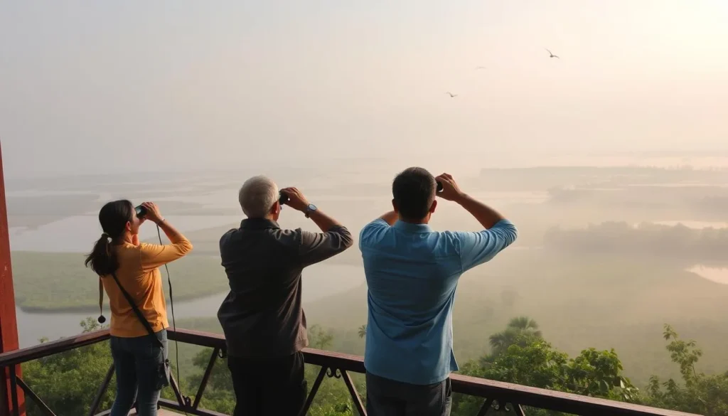 Birdwatchers using binoculars from the observation tower at Baikka Beel Wetland Sanctuary