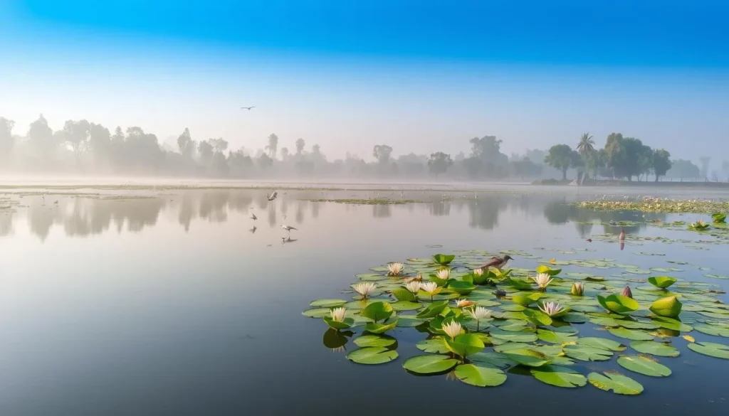 Bishazari Tal wetlands in Chitwan National Park with water birds and lotus flowers