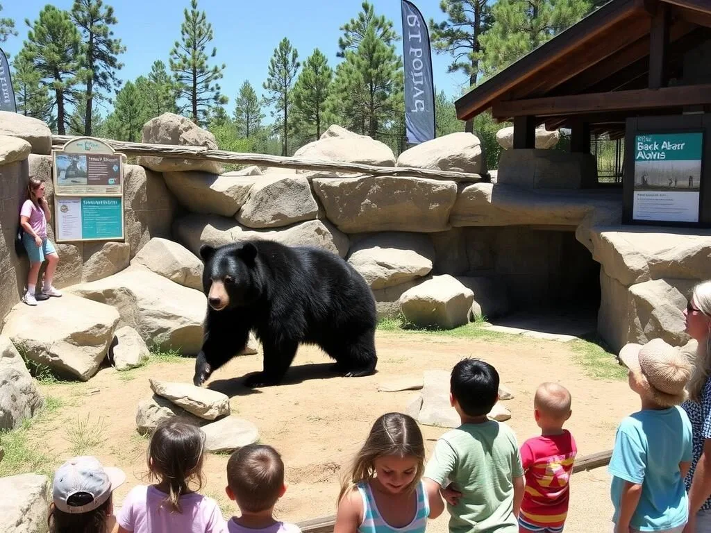 Black bear exhibit at the Big Bear Alpine Zoo with visitors watching