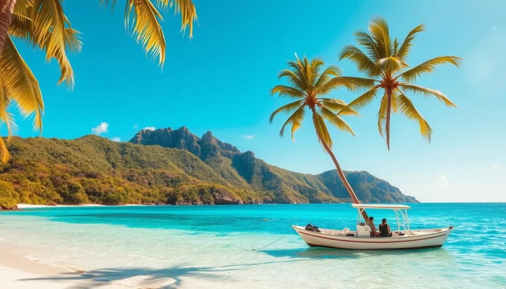 Blanquilla Island, Venezuela: a sun-drenched tropical paradise. Pristine white-sand beaches stretch out before a crystal-clear Caribbean sea, with palm trees swaying gently in the warm breeze. In the foreground, a small fishing boat bobs on the calm waters, its occupants enjoying a peaceful day on the island. The middle ground features lush, verdant hills dotted with vibrant flora, while the background showcases the island's dramatic, rugged cliffs rising up against a vivid azure sky. Soft, golden sunlight bathes the scene, creating a serene, idyllic atmosphere that invites the viewer to immerse themselves in the tranquility of Blanquilla Island.