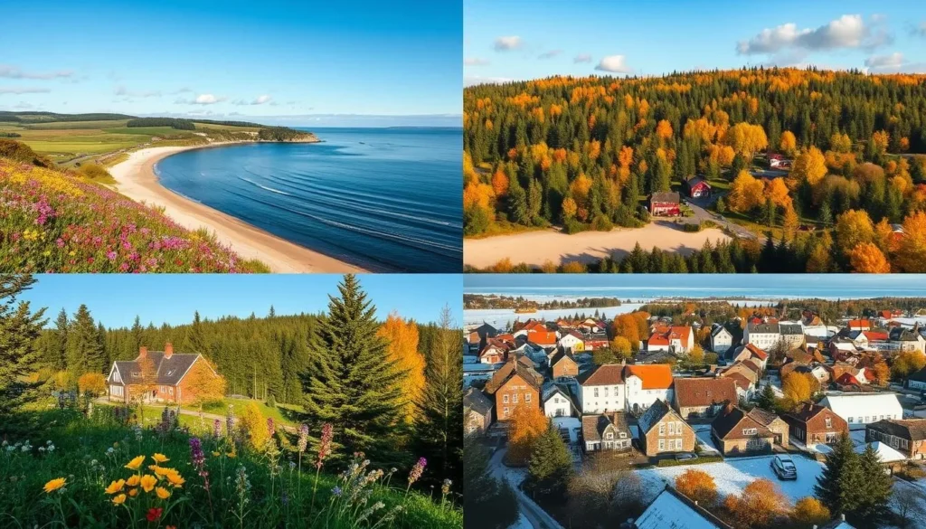 Blekinje County in Sweden during the four seasons: In the spring, vibrant wildflowers bloom along the coast, as locals enjoy outdoor activities like hiking and cycling through the lush, rolling hills. During the warm summer, families gather on the sandy beaches, swimming in the Baltic Sea and sailing on the tranquil waters. As autumn arrives, the dense forests transform into a tapestry of gold, red, and orange hues, perfect for foraging mushrooms and berries. In the crisp winter, the quaint towns are dusted with snow, inviting visitors to ice skate on frozen lakes and cozy up by the fireplace. Soft natural light filters through the scene, capturing the serene beauty and seasonal charms of this picturesque Swedish region.