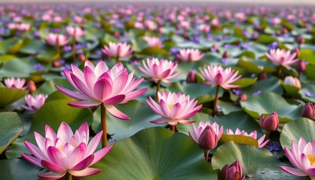 Blooming lotus flowers and water lilies covering the surface of Baikka Beel wetland