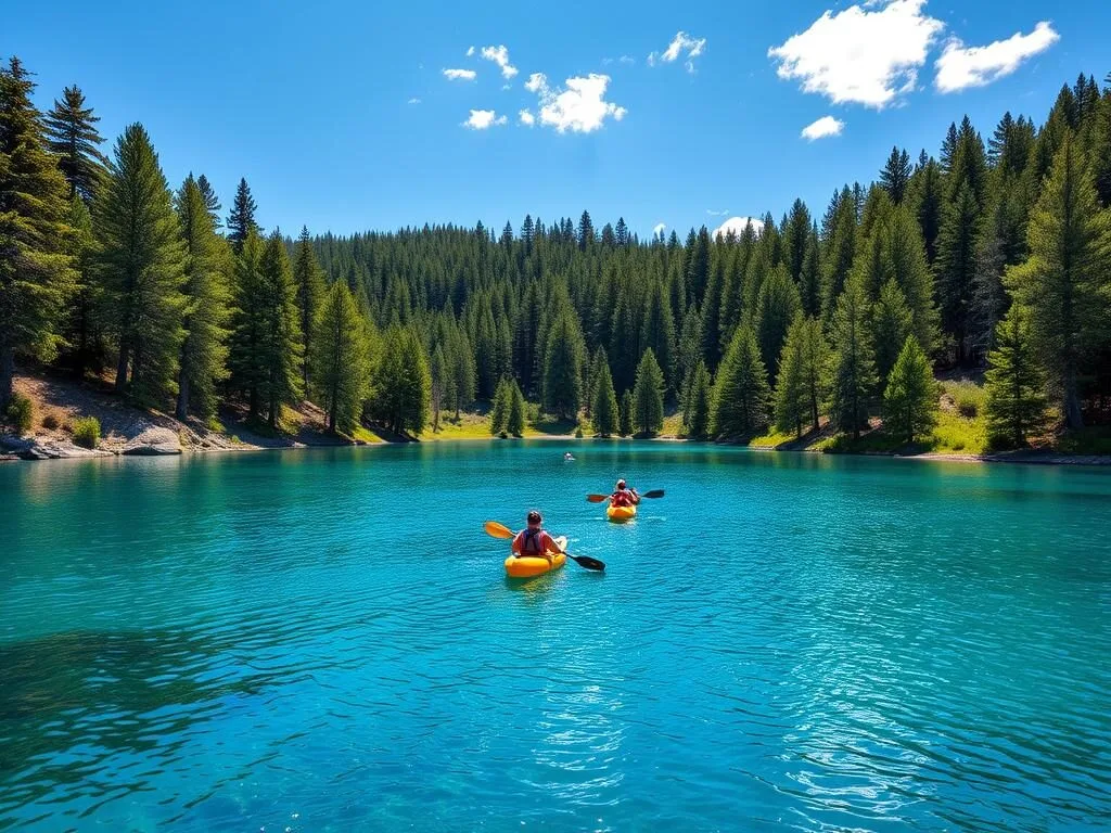 Blue Lake Mendocino County California in summer with people kayaking on clear water